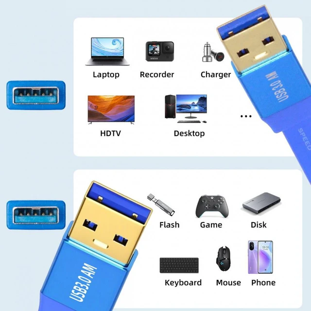 Alt view image 6 of 7 - WRIARICH Ultra Flat Slim USB 3.0 Type-A Male to USB3.0 A Male Cable Extension Blue 5Gbps for Disk SSD Camera Data