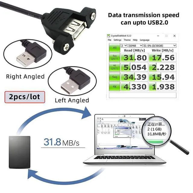 Alt view image 3 of 7 - WRIARICH Cable 2pcs/lot Left & Right Angled Type USB 2.0 Type-A Male to USB Female Extension Cable Panel Type 90 Degree 25cm