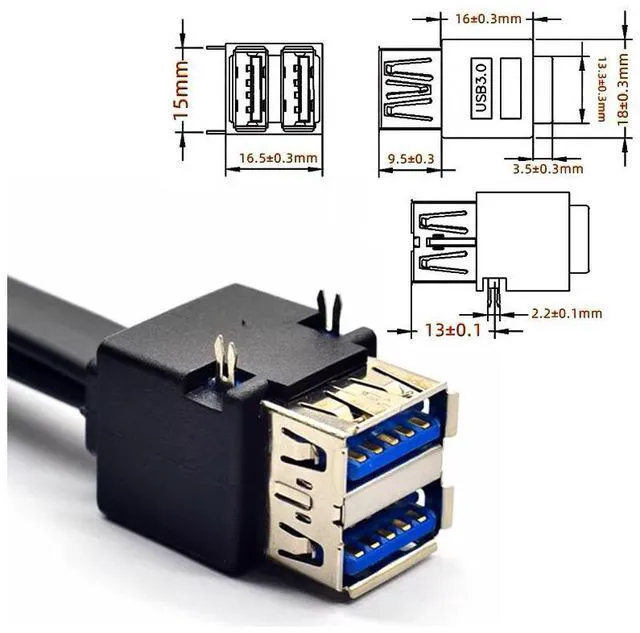 Alt view image 2 of 7 - WRIARICH Stackable Dual Port USB 3.0 Female Type-A DIP Type to Motherboard 20Pin 19Pin Header Cable with Fixed Feet 50cm