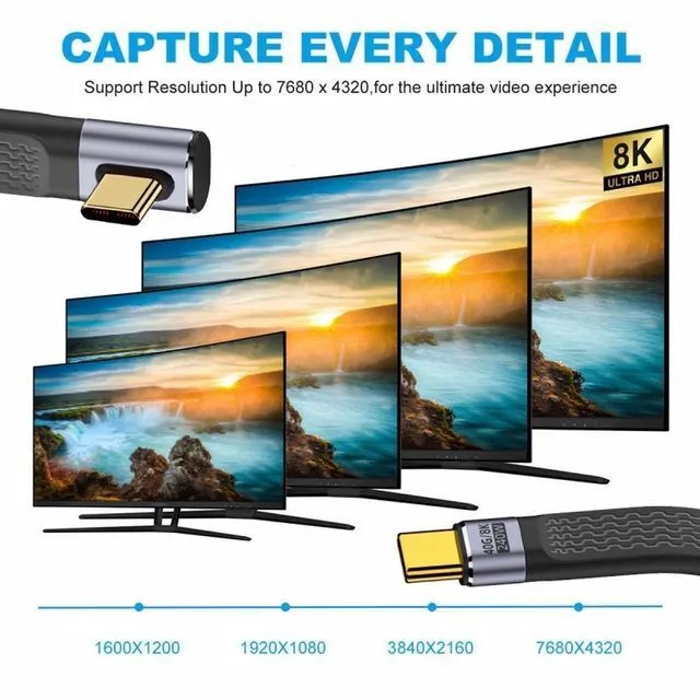 Alt view image 3 of 7 - WRIARICH Low Profile Angled 240W Type-C USB-C Male to Male USB4 40Gbps 100W 8K Flat Slim FPC Data Cable for Laptop Phone 13cm