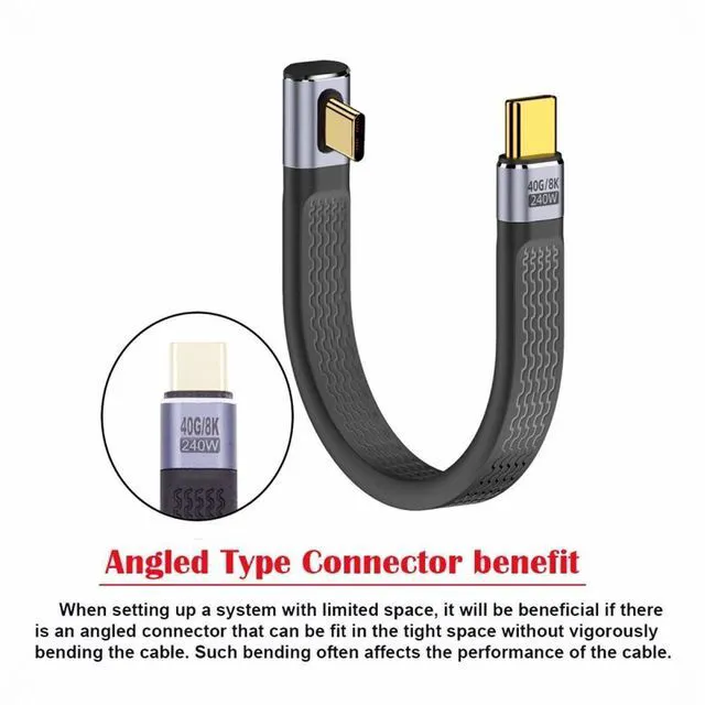 Alt view image 2 of 7 - WRIARICH Low Profile Angled 240W Type-C USB-C Male to Male USB4 40Gbps 100W 8K Flat Slim FPC Data Cable for Laptop Phone 13cm