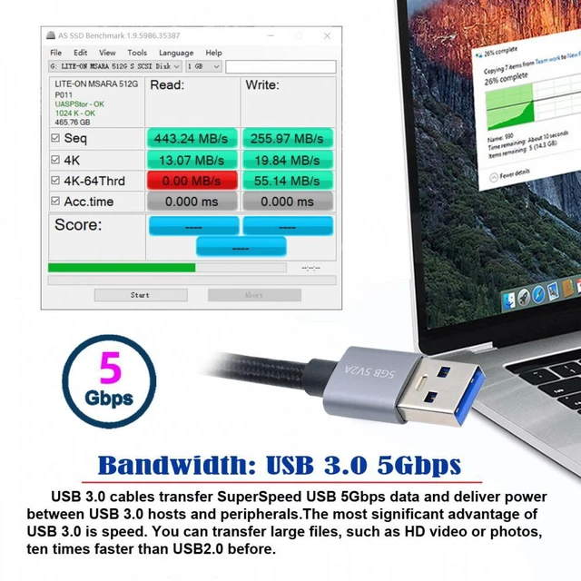Alt view image 6 of 7 - WRIARICH USB 3.0 Type-A Male to USB3.0 A Female Cable Extension Silver 5Gbps for Disk SSD Camera Data 30cm