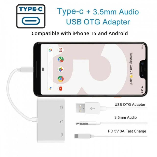 Alt view image 3 of 7 - WRIARICH Type C USB-C to 3.5mm Audio AUX & Type-A USB2.0 OTG Female with PD Power Charge Adapter Compatible with Laptop Tablet Phone