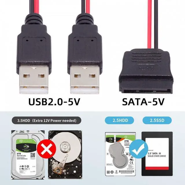 Alt view image 2 of 6 - WRIARICH DC 5V Dual USB to SATA 15Pin Power Cable for 2.5 inch SATA HDD SSD Disk Driver 5V 2A Max