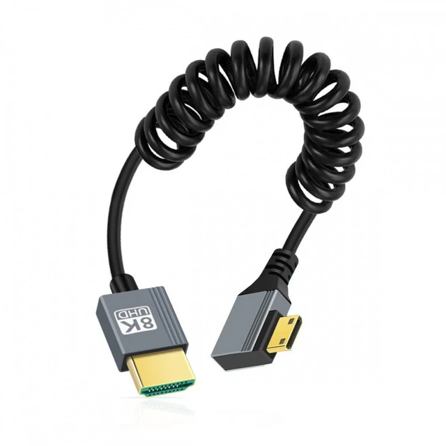 Main image of WRIARICH 90 Degree Left Angled Mini HDMI 2.1 Male to HDMI Male 8K 60hz Stretch Coiled Cable 100cm for HDTV Computer Laptop Monitor
