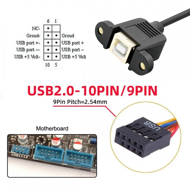 Alt view image 5 of 7 - WRIARICH USB 2.0 Motherboard 9pin 10pin Header to Standard Type-B Female Extension cable with Nuts for Panel Mount