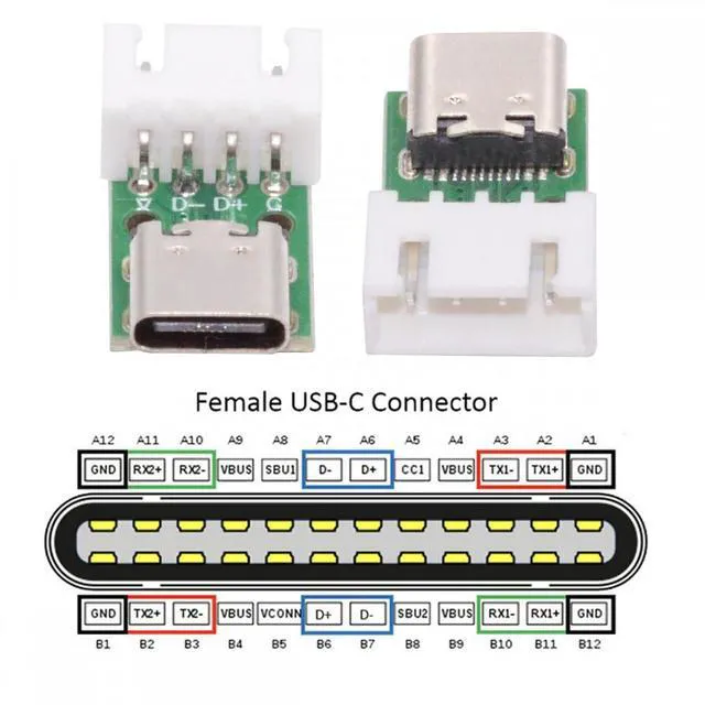 Alt view image 3 of 7 - WRIARICH 5pcs/set DIY OEM Type C Female Socket Connector to 4Pin Pitch=2.54mm Wafer Socket Horizontal USB2.0 Pinout DC 5V Power