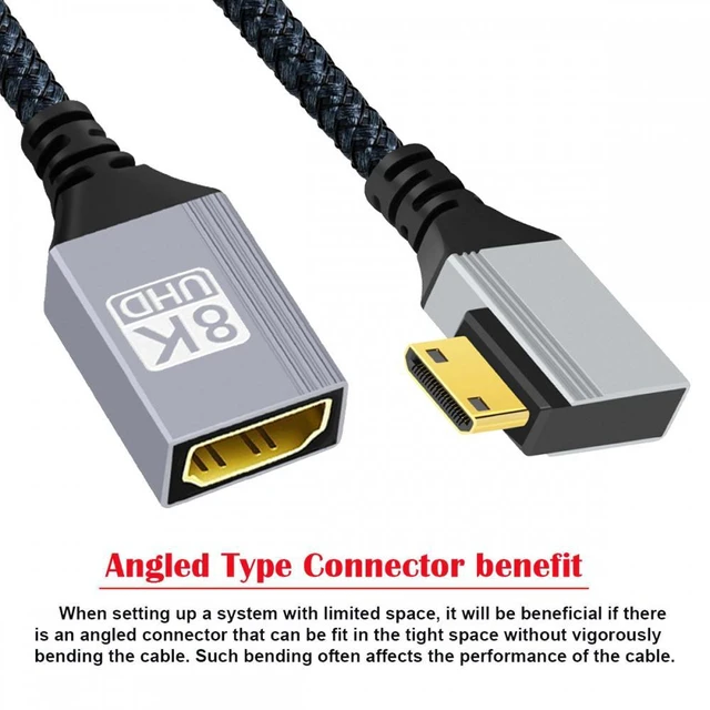 Alt view image 2 of 7 - WRIARICH 8K Type-C Mini HDMI 2.1 Male 90 Degree Right Angled to HDMI Female Extension HDTV Cable for DV Camera Laptop Portable Monitor