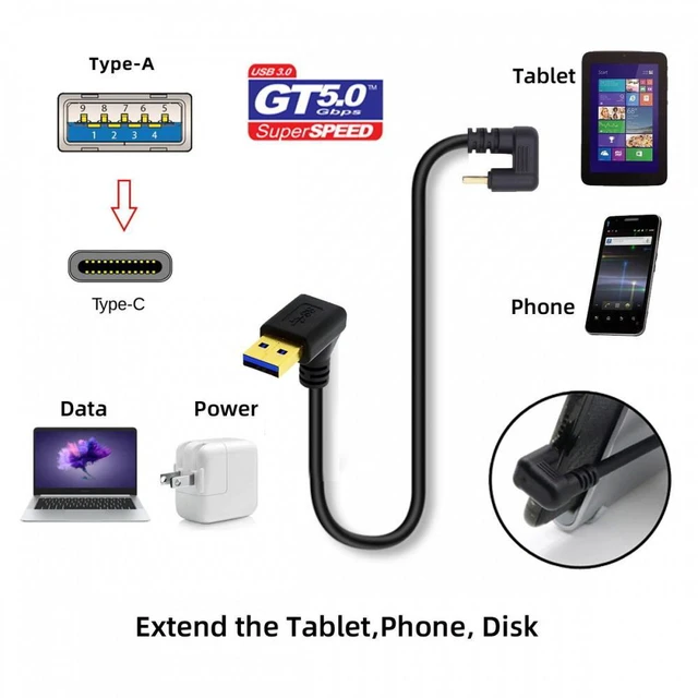 Alt view image 7 of 7 - WRIARICH Up Angled USB3.0 Type-A to Type-C USB-C Male to Male Power Data Cable 5Gbps USB-C Opposite U Shape Back Angled