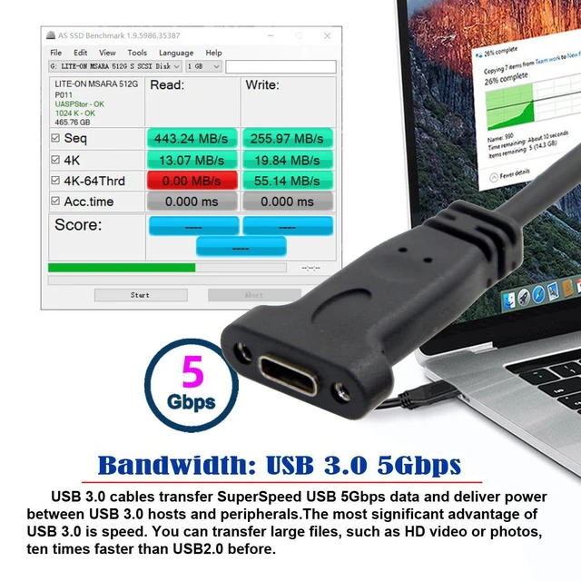 Alt view image 2 of 7 - WRIARICH USB-C USB 3.1 Type-C Female to USB 3.0 A Male Data 5Gbps Cable (20cm) with Panel Mount Screw Hole