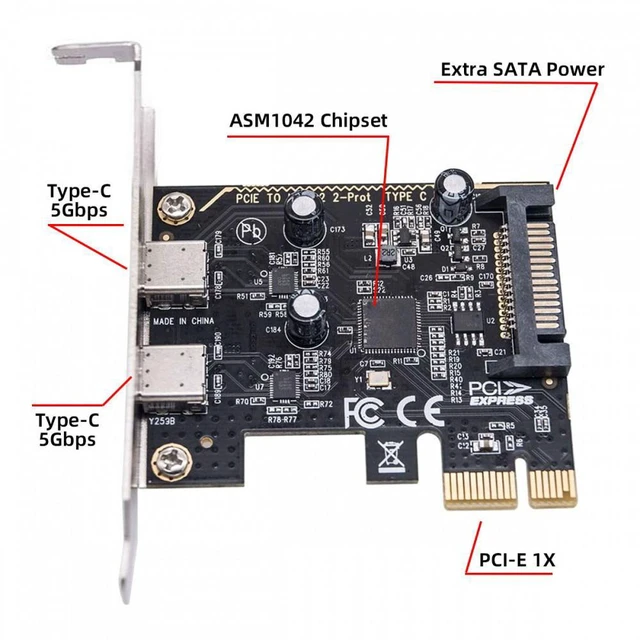 Alt view image 4 of 7 - WRIARICH USB3.1 Gen1 5Gbps Dual Type-C USB-C Female to PCI-E Express 1x Card Adapter ASM1042 with Low Profile Bracket