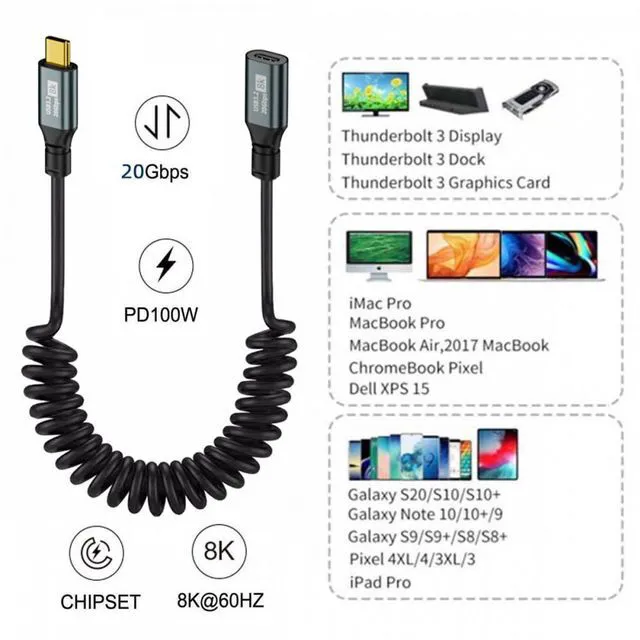 Alt view image 2 of 7 - WRIARICH USB-C Stretch Coiled USB4 Cable 20Gbps 100W 8K for Laptop Keyboard Tablet Type-C Male to Female Extension Cable Power & Data