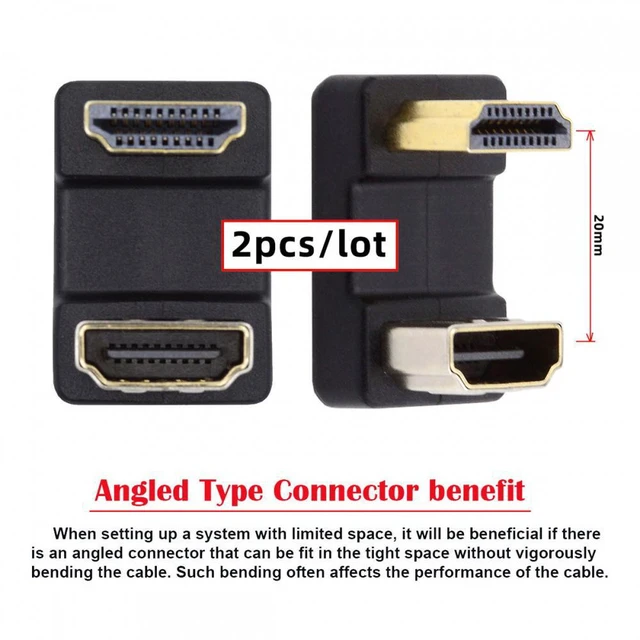 Alt view image 3 of 7 - WRIARICH Cable 2pcs/lot Up & Down HDMI 1.4 Male Type-A to HDMI Female Port Saver 360 Degree Opposite U Shape Back Angled Extension Adapter