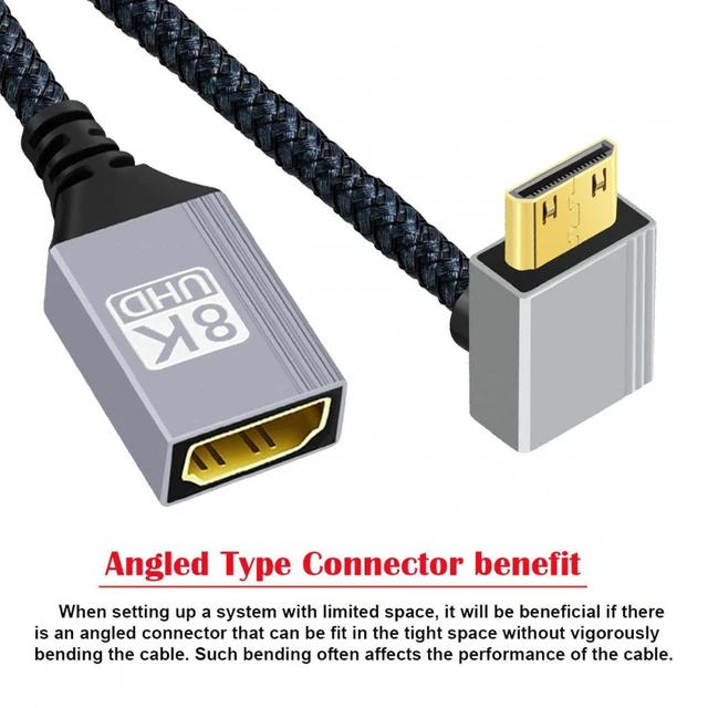 Alt view image 2 of 7 - WRIARICH 8K Type-C Mini HDMI 2.1 Male 90 Degree Up Angled to HDMI Female Extension HDTV Cable for DV Camera Laptop Portable Monitor
