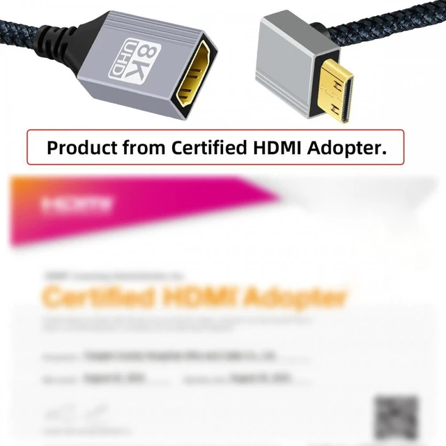 Alt view image 3 of 7 - WRIARICH 8K Type-C Mini HDMI 2.1 Male 90 Degree Up Angled to HDMI Female Extension HDTV Cable for DV Camera Laptop Portable Monitor