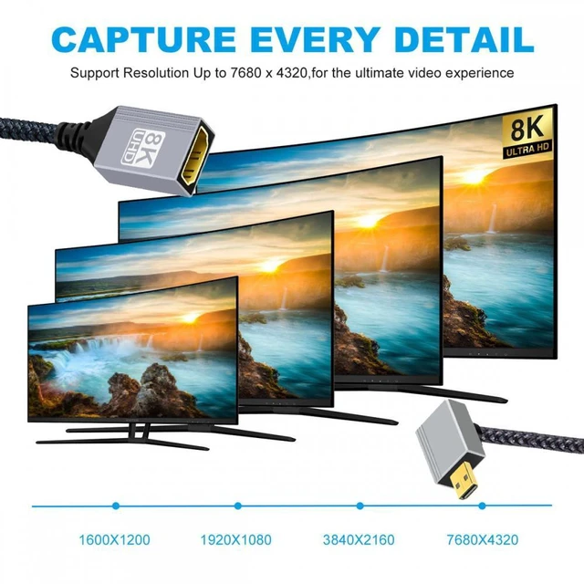 Alt view image 2 of 7 - WRIARICH 8K Type-D Micro HDMI 2.1 Male Down Angled 90 Degree to HDMI Female Extension HDTV Cable for DV Camera Laptop Portable Monitor