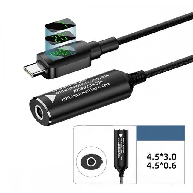 Main image of WRIARICH DC Power Jack 4.5x3.0mm Input to Type-C USB-C Power 140W Smart LED Display Charge Cable for Laptop Phone PD9V/5V/20V/7A