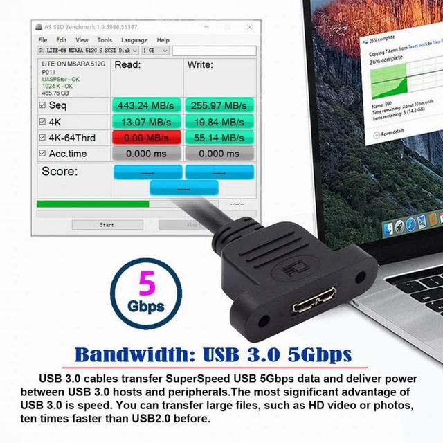 Alt view image 5 of 7 - WRIARICH Type-A USB 3.0 Male to Micro 3.0 Type-B Female Screw Mount Type Extension Cable 5Gbps