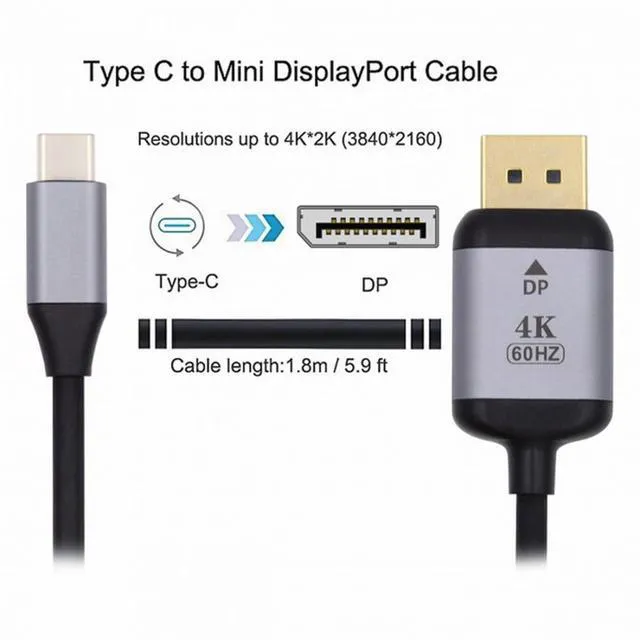 Alt view image 3 of 7 - WRIARICH USB 3.1 Type-C USB-C Source to DisplayPort DP Displays Male 4K Monitor Cable for Laptop 1.8m