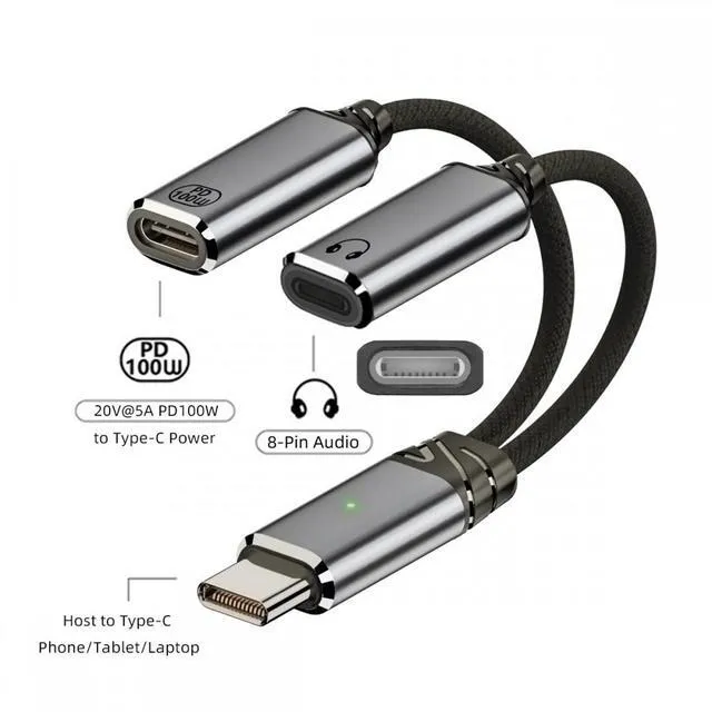 Alt view image 2 of 7 - WRIARICH Type-C USB-C Male to 8P Female Audio DAC AUX Music 16bit 48kHz & 100W PD Power Cable for Laptop Tablet Phone