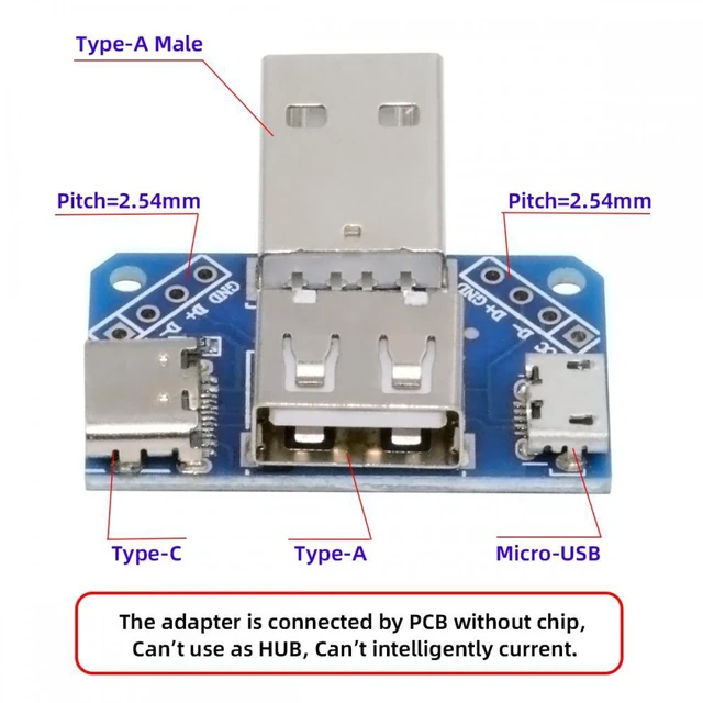 Alt view image 2 of 7 - WRIARICH USB2.0 1-to-3 Power Type-A Male To Female Type-A & Micro USB & Type-C USB-C Adapter PCBA