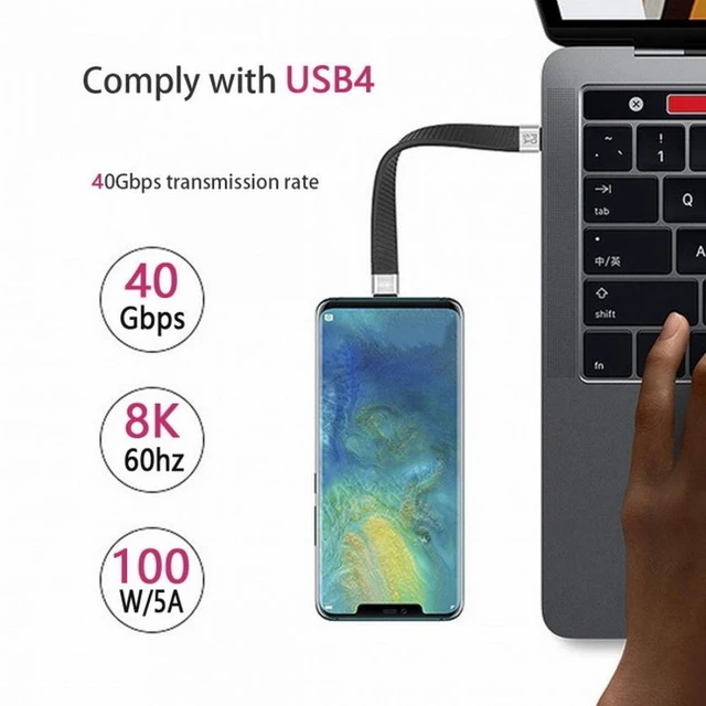 Alt view image 4 of 7 - WRIARICH Type-C USB-C Male to Male USB4 40Gbps 100W 8K Flat Slim FPC Data Cable 13cm for Laptop Phone