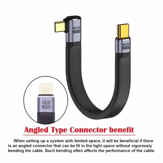 Alt view image 2 of 7 - WRIARICH Right Angled 240W Type-C USB-C Male to Male USB4 40Gbps 100W 8K Flat Slim FPC Data Cable for Laptop Phone 13cm
