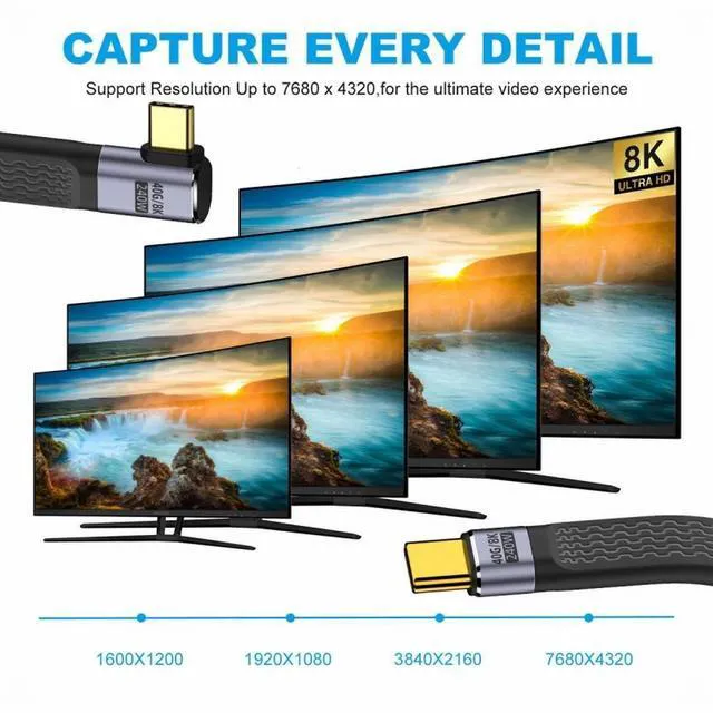 Alt view image 3 of 7 - WRIARICH Right Angled 240W Type-C USB-C Male to Male USB4 40Gbps 100W 8K Flat Slim FPC Data Cable for Laptop Phone 13cm