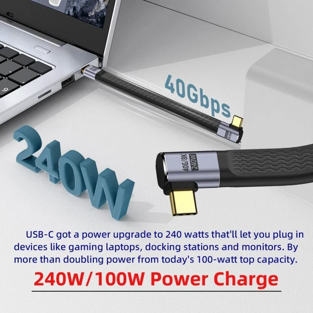 Alt view image 4 of 7 - WRIARICH Right Angled 240W Type-C USB-C Male to Male USB4 40Gbps 100W 8K Flat Slim FPC Data Cable for Laptop Phone 13cm