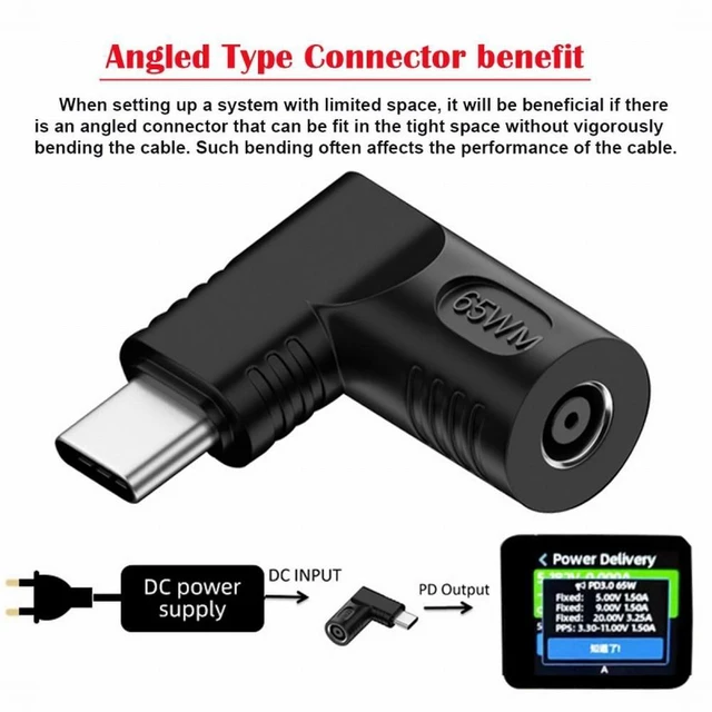 Alt view image 2 of 7 - WRIARICH 65W PD DC Power Jack 4.5x3.0mm Input to Type-C USB-C Angled 90 Degree Power Plug Charge Adapter for Laptop Phone
