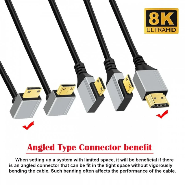 Alt view image 3 of 7 - WRIARICH 90 Degree Down Angled Mini HDMI 2.1 Ultra Thin HDTV Cable 8K 4K Hyper Super Flexible Slim Cord Type-A to Type-C for Camera HDTV