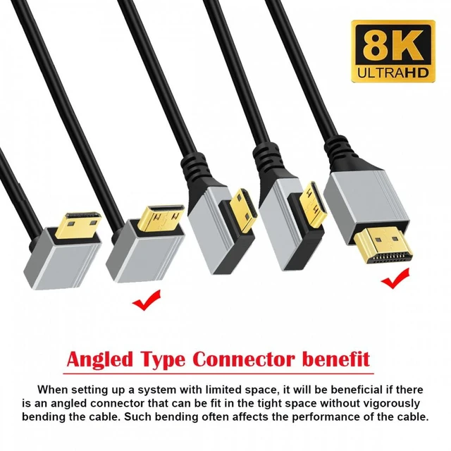Alt view image 3 of 7 - WRIARICH 90 Degree Up Angled Mini HDMI 2.1 Ultra Thin HDTV Cable 8K 4K Hyper Super Flexible Slim Cord Type-A to Type-C for Camera HDTV
