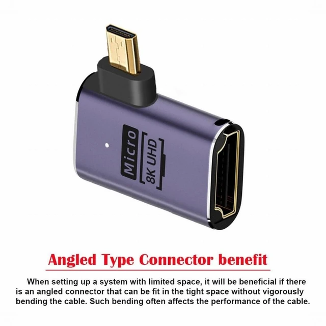Alt view image 3 of 7 - WRIARICH Left Angled Micro HDMI Male to HDMI 2.1 Female UHD Extension Gold Converter Adapter Support 8K 60hz HDTV