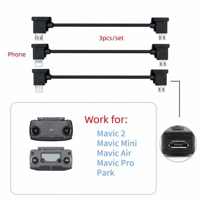 Alt view image 6 of 7 - WRIARICH 3pcs/set Remote Controller Data Cable Type-C Micro 8P to Micro USB for Mavic Pro Platinum Mavic Park RC Accessories