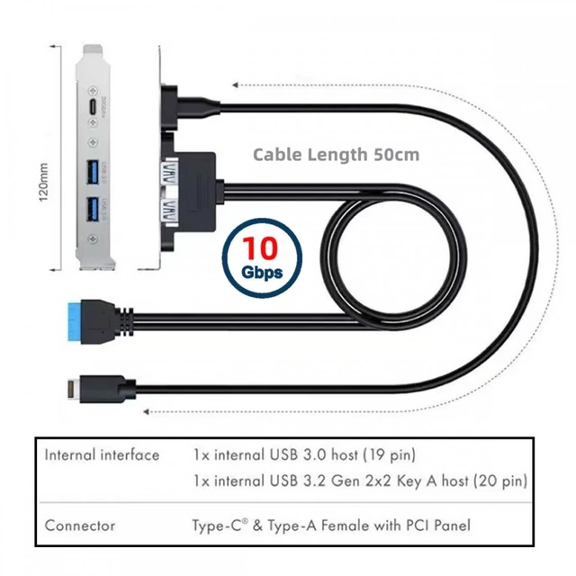 Alt view image 2 of 7 - WRIARICH 10Gbps USB3.0 Motherboard 19/20Pin & Type-E to Type-C USB-C & USB 3.0 Dual Ports Female PCI-E Back Panel 5Gbps Cable
