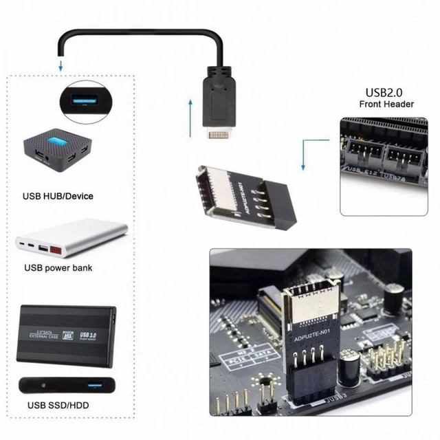 Alt view image 6 of 7 - WRIARICH USB 3.1 Front Panel Socket Key-A Type-E to USB 2.0 9Pin 10Pin Mainboard Header Male Extension Adapter