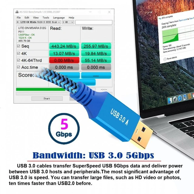 Alt view image 5 of 7 - WRIARICH USB 3.0 Type-A Male to USB3.0 Type-B Male Cable Extension Blue 5Gbps for Disk SSD Camera Data (30cm)