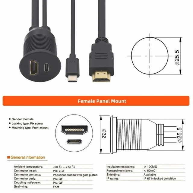 Alt view image 4 of 7 - WRIARICH Waterproof Dustproof USB-C Type-C USB &HDMI 4K Extension Flush Car Latch Mount Extension Cable for Dashboard Panel