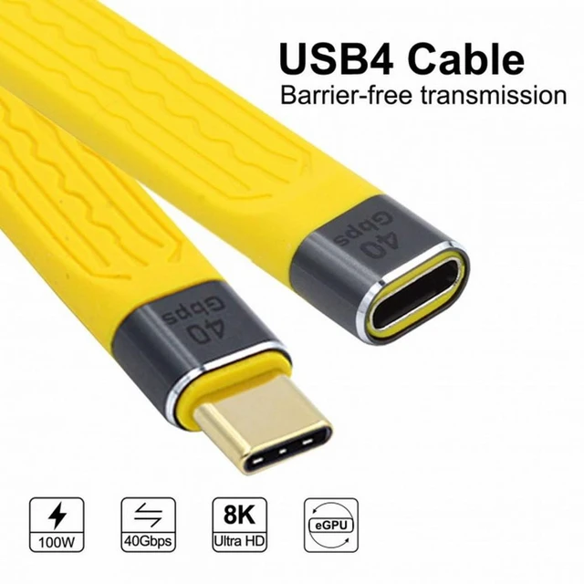 Alt view image 3 of 7 - WRIARICH Yellow USB4 Extension Cable Slim Flat Male to Female 40Gbps with 100W Charging and 8K@60Hz Compatible with Thunderbolt3/4