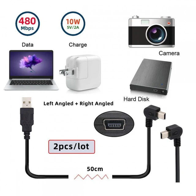 Alt view image 7 of 7 - WRIARICH 2pcs/lot Left & Right Angled Mini USB B Type 5pin Male 90 Degree to USB 2.0 Male Power Data Cable 50cm