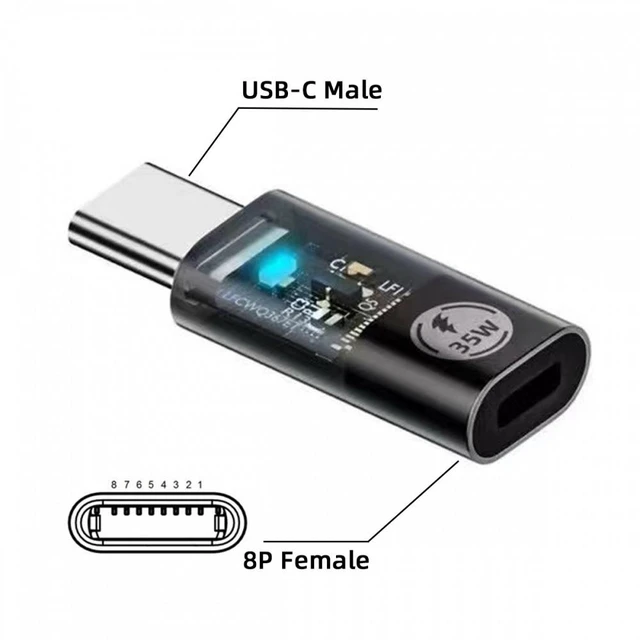 Alt view image 2 of 7 - WRIARICH Transparent LED Type-C USB-C Male to 8P Female 35W Power 480Mbps Data Adapter Compatible with iPhone15 & Android & Tablet