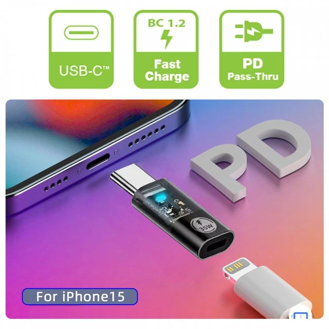 Alt view image 7 of 7 - WRIARICH Transparent LED Type-C USB-C Male to 8P Female 35W Power 480Mbps Data Adapter Compatible with iPhone15 & Android & Tablet