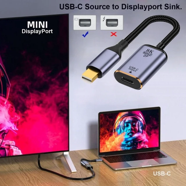 Alt view image 6 of 7 - WRIARICH Type-C USB-C Female Source to Mini Displayport DP 1.4 Sink HDTV Cable 8K@60hz 4K@120hz for Tablet Phone Laptop