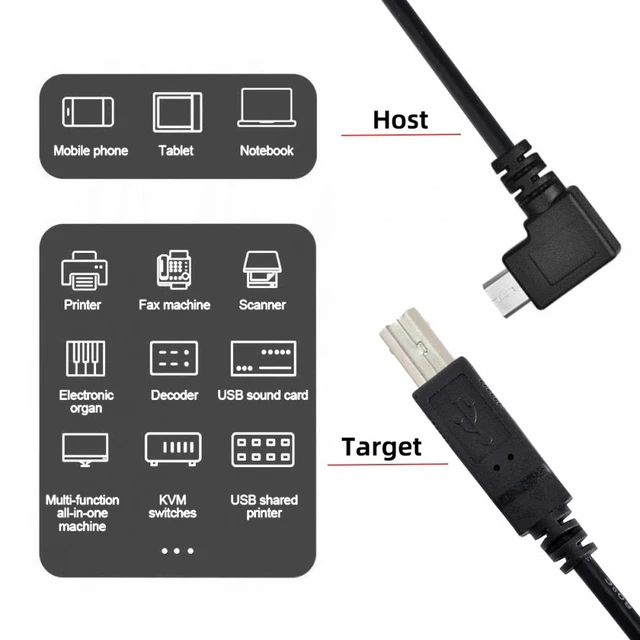 Alt view image 4 of 7 - WRIARICH Left Angled 90 Degree Micro USB OTG to Standard B Type-Cable for Printer Scanner Disk Lectronic Musical Instrument Midi Keyboard (60cm)