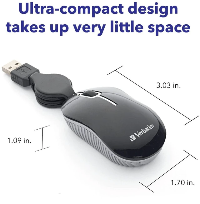 Alt view image 3 of 7 - Wired Optical Computer Mini USB-A Mouse - Plug & Play Corded Small Travel Mouse with Retractable Cable Black 98113