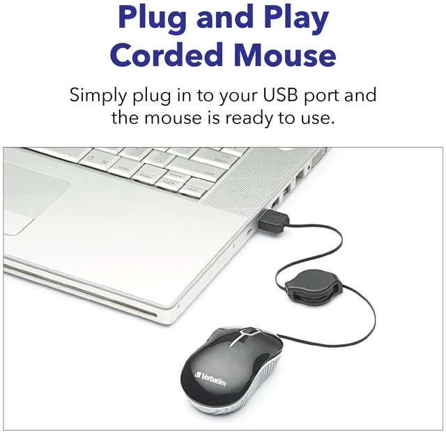 Alt view image 5 of 7 - Wired Optical Computer Mini USB-A Mouse - Plug & Play Corded Small Travel Mouse with Retractable Cable Black 98113