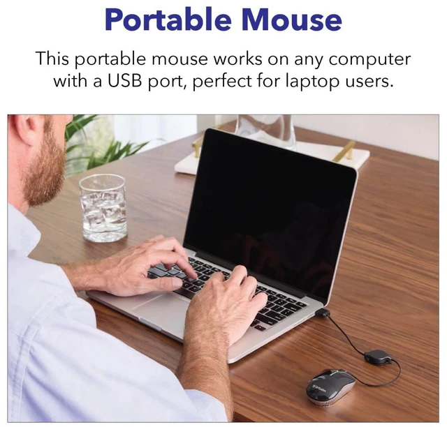 Alt view image 6 of 7 - Wired Optical Computer Mini USB-A Mouse - Plug & Play Corded Small Travel Mouse with Retractable Cable Black 98113