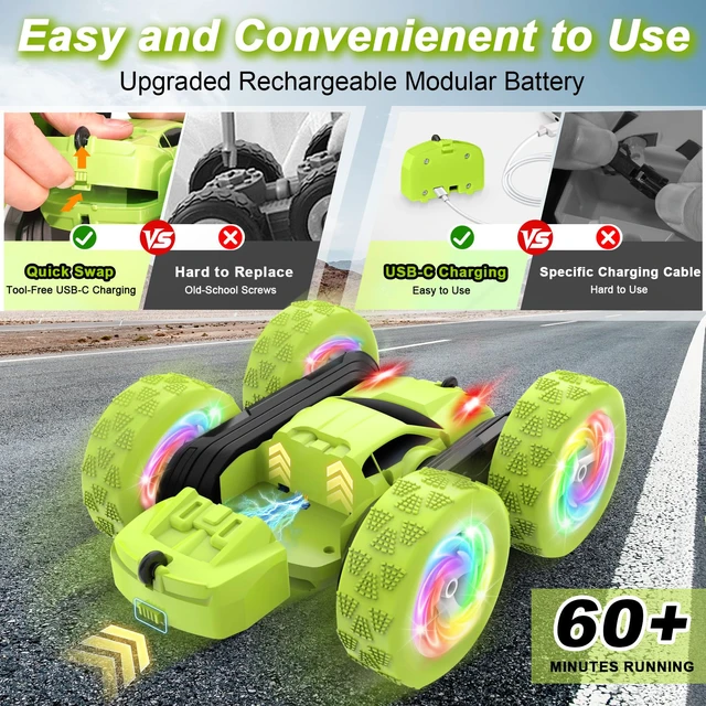 Alt view image 2 of 7 - Remote Control Car, Stunt RC Cars, 2.4GHz Double Sided 360° Flips RC Crawler, Outdoor Toys for Kids Ages 4-8, Upgraded USB-C Modular Battery, 5 6 7 8 9 10 +Year Old Boys Birthday Gifts Green