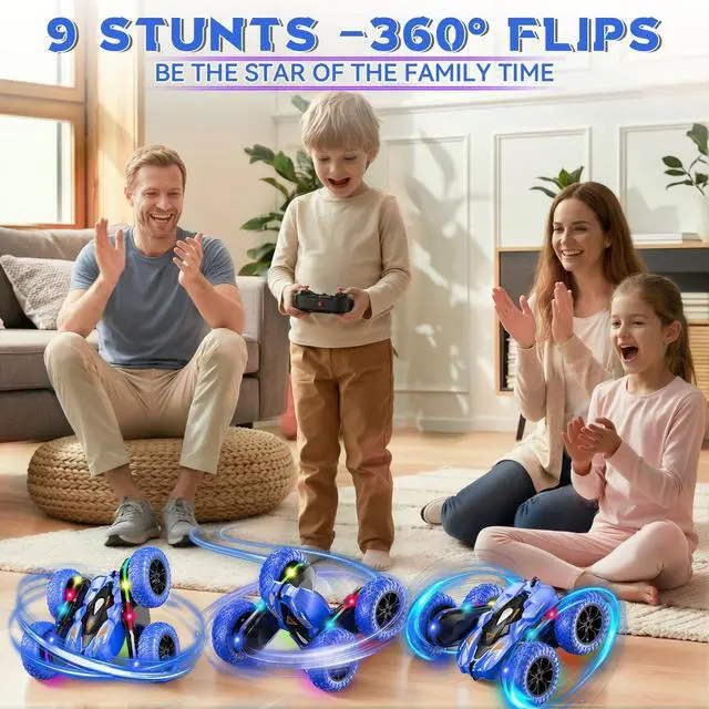 Alt view image 3 of 7 - RC Car for Boy Ages 6-12: 2 Batteries 360° Stunt Rotating 4WD Remote Control Toy with Headlights, Indoor Outdoor Birthday Gifts for Kids 6 7 8 9 10 11 12, Blue