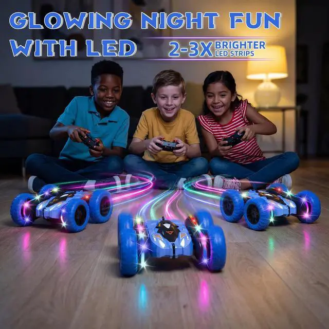 Alt view image 4 of 7 - RC Car for Boy Ages 6-12: 2 Batteries 360° Stunt Rotating 4WD Remote Control Toy with Headlights, Indoor Outdoor Birthday Gifts for Kids 6 7 8 9 10 11 12, Blue